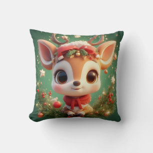 Adorable Cartoon Deer in a Festive Christmas Throw Pillow