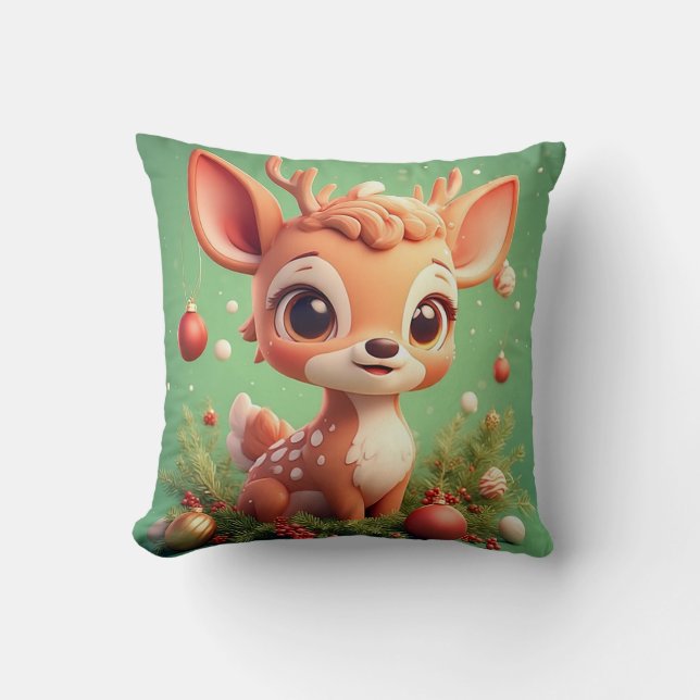 Adorable Cartoon Deer in a Festive Christmas Throw Pillow (Front)