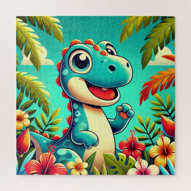 Adorable Cartoon Dinosaur Amidst Vibrant Tropical  Jigsaw Puzzle (Vertical)