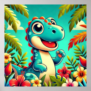 Adorable Cartoon Dinosaur Amidst Vibrant Tropical Poster