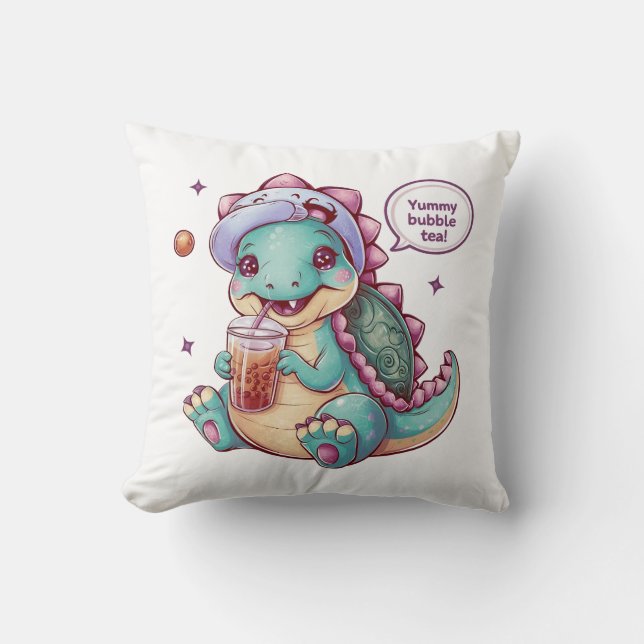 Adorable Cartoon Dinosaur: Cozy, Kawaii Vibes Throw Pillow (Front)