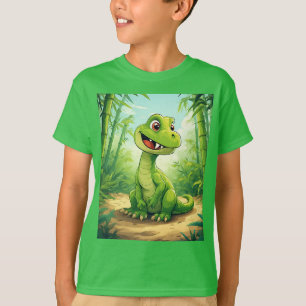 Adorable Cartoon Dinosaur in Lush Green Jungle T-Shirt