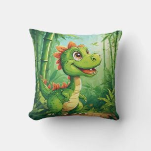 Adorable Cartoon Dinosaur in Lush Green Jungle Throw Pillow