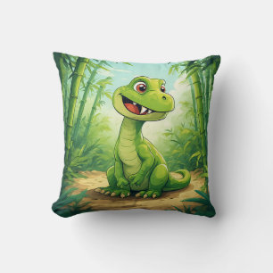 Adorable Cartoon Dinosaur in Lush Green Jungle Throw Pillow