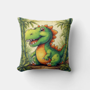 Adorable Cartoon Dinosaur in Lush Green Jungle Throw Pillow