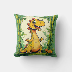 Adorable Cartoon Dinosaur in Lush Green Jungle Throw Pillow
