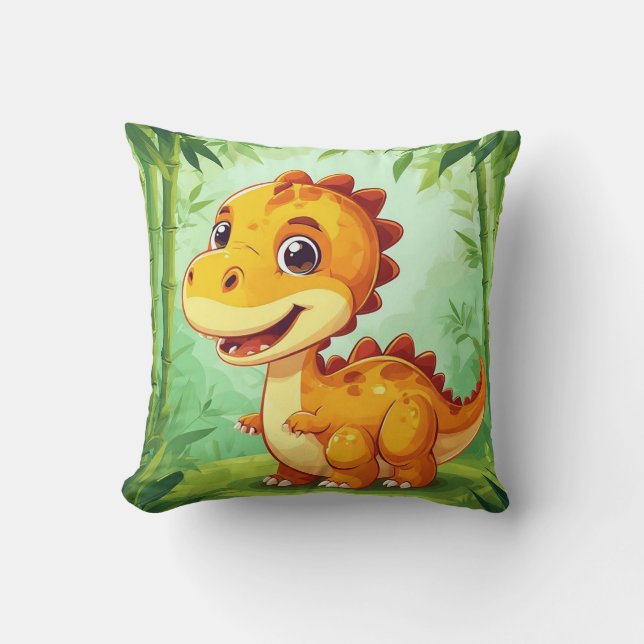 Adorable Cartoon Dinosaur in Lush Green Jungle Throw Pillow (Front)