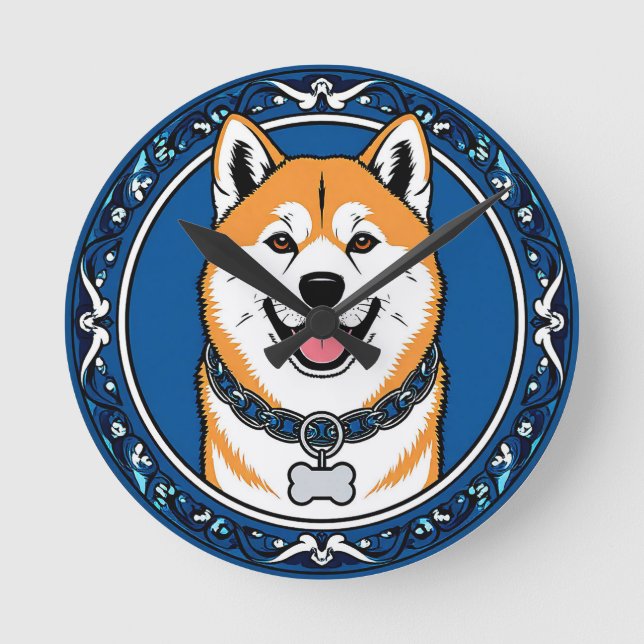 Adorable Cartoon Dog Illustration Round Clock (Front)