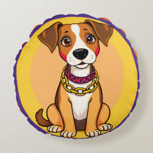 Adorable Cartoon Dog Wearing a Gold Chain Round Pillow
