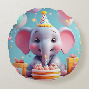 Adorable Cartoon Elephant Celebrating Birthday Round Pillow