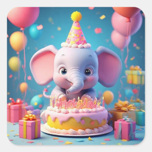 Adorable Cartoon Elephant Celebrating Birthday Square Sticker