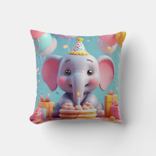 Adorable Cartoon Elephant Celebrating Birthday Throw Pillow