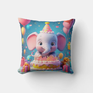 Adorable Cartoon Elephant Celebrating Birthday Throw Pillow