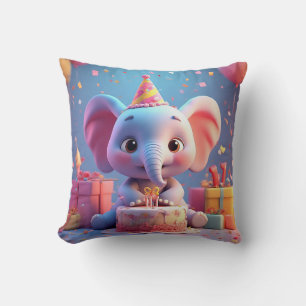 Adorable Cartoon Elephant Celebrating Birthday Throw Pillow