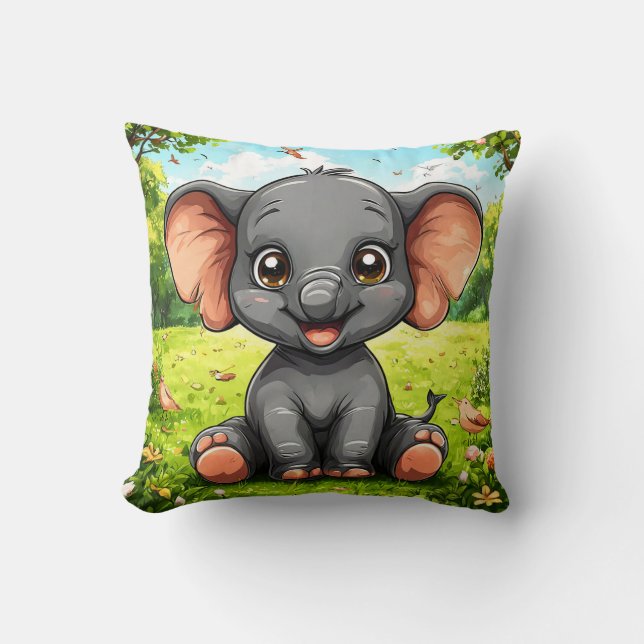 Adorable Cartoon Elephant Throw Pillow (Front)