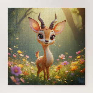 Adorable Cartoon Fawn by Vibrant Flowers Jigsaw Puzzle