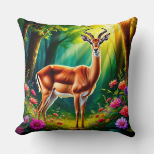 Adorable Cartoon Fawn by Vibrant Flowers Throw Pillow