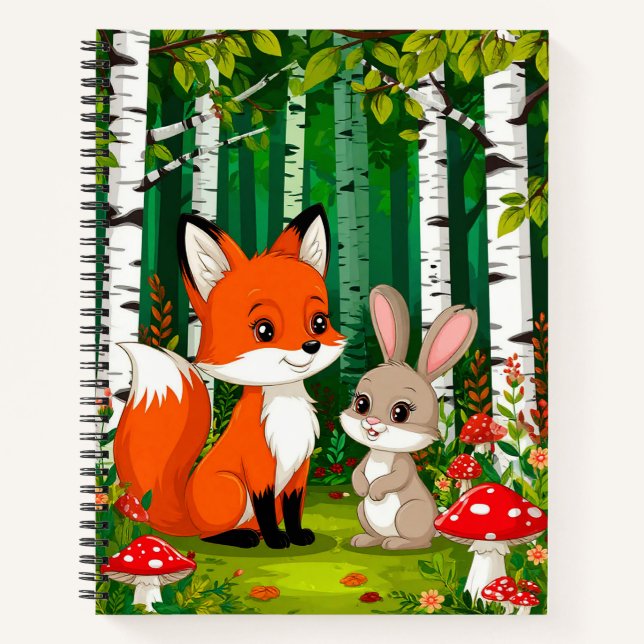 Adorable Cartoon Fox With Mushrooms Notebook (Front)