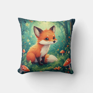 Adorable Cartoon Fox With Mushrooms Throw Pillow