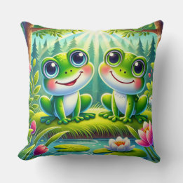 Adorable Cartoon Frogs Sitting on a Lily Pond Throw Pillow