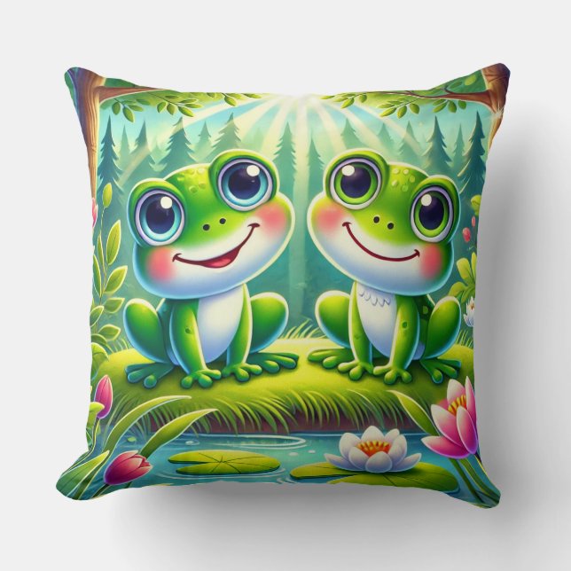 Adorable Cartoon Frogs Sitting on a Lily Pond Throw Pillow (Front)