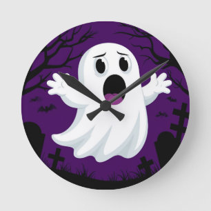 Adorable Cartoon Ghost in Spooky Halloween Round Clock