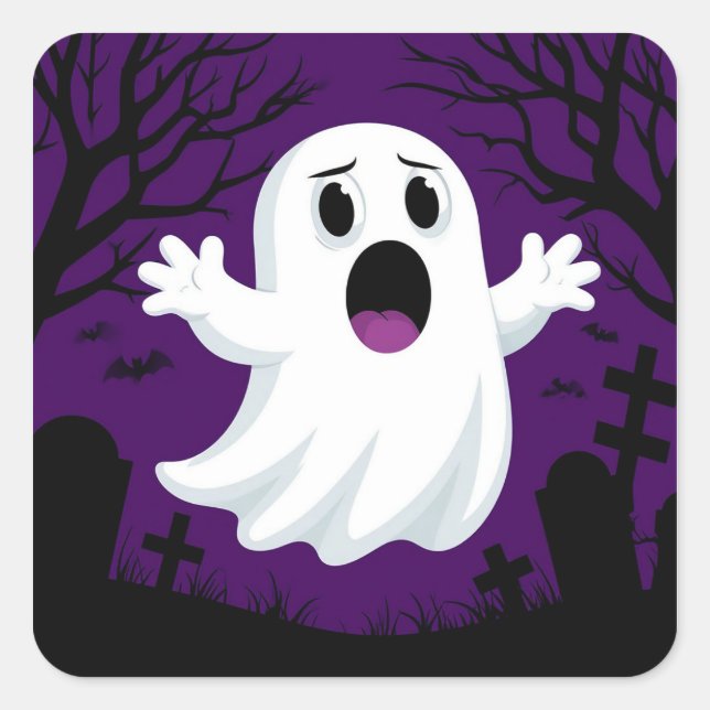 Adorable Cartoon Ghost in Spooky Halloween Square Sticker (Front)