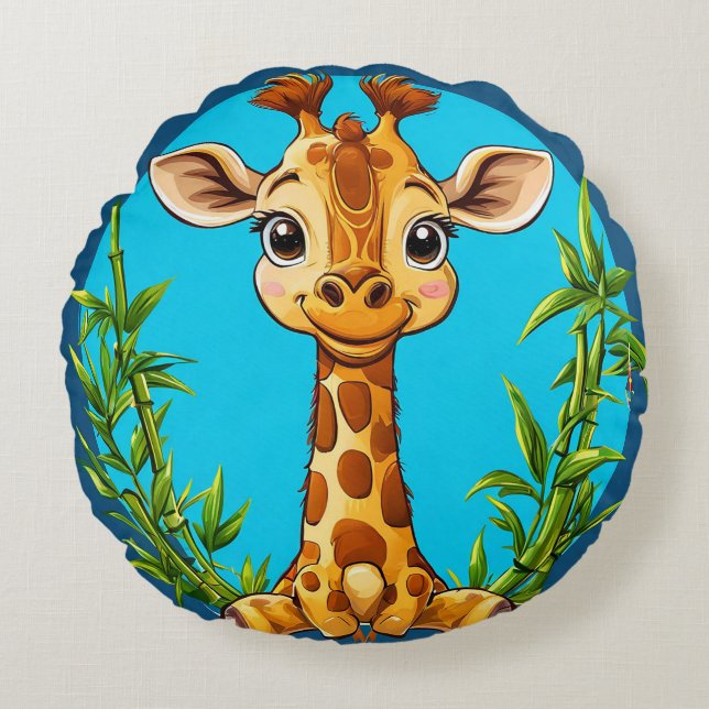 Adorable Cartoon Giraffe With Bamboo Round Pillow (Front)