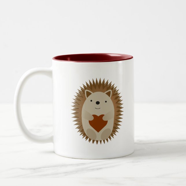 Adorable Cartoon Hedgehog Holding a Heart Two-Tone Coffee Mug (Left)