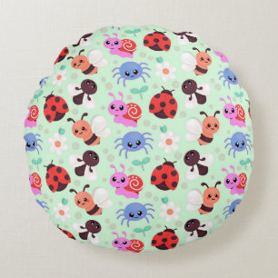 Adorable Cartoon Insects and Flowers Round Pillow