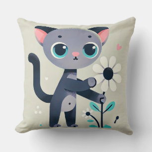 Adorable Cartoon Kitten Holding a Flower, Throw Pillow