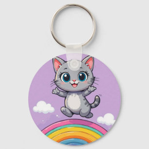 Adorable Cartoon Kitten Jumping Joyfully Keychain