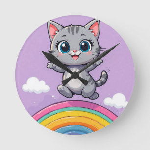 Adorable Cartoon Kitten Jumping Joyfully Round Clock