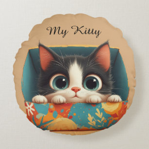 Adorable Cartoon Kitten With Big Eyes Round Pillow