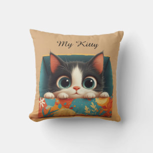 Adorable Cartoon Kitten With Big Eyes Throw Pillow