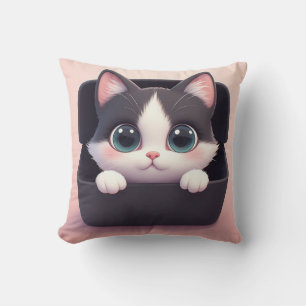 Adorable Cartoon Kitten With Big Eyes Throw Pillow