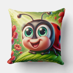 Adorable Cartoon Ladybug in a Vibrant Garden Throw Pillow
