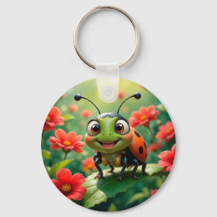 Adorable Cartoon Ladybug on a Leaf Keychain