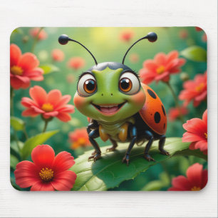 Adorable Cartoon Ladybug on a Leaf Mouse Pad