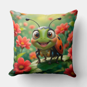 Adorable Cartoon Ladybug on a Leaf Throw Pillow