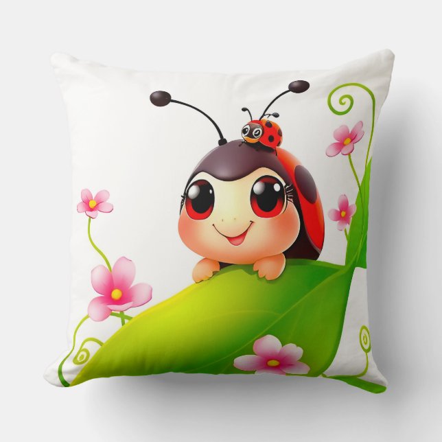 Adorable Cartoon Ladybug Throw Pillow (Front)