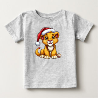 Adorable Cartoon Lion Cub Wearing a Santa Hat Baby T-Shirt