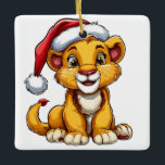 Adorable Cartoon Lion Cub Wearing a Santa Hat Ceramic Ornament<br><div class="desc">Cute illustration of a cheerful lion cub in a Santa hat exuding holiday spirit,  perfect for festive designs,  cards,  and child-friendly celebrations.</div>