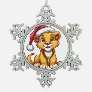 Adorable Cartoon Lion Cub Wearing a Santa Hat Snowflake Pewter Christmas Ornament