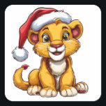 Adorable Cartoon Lion Cub Wearing a Santa Hat Square Sticker<br><div class="desc">Cute illustration of a cheerful lion cub in a Santa hat exuding holiday spirit, perfect for festive designs, cards, and child-friendly celebrations.</div>