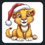 Adorable Cartoon Lion Cub Wearing a Santa Hat Square Sticker<br><div class="desc">Cute illustration of a cheerful lion cub in a Santa hat exuding holiday spirit, perfect for festive designs, cards, and child-friendly celebrations.</div>