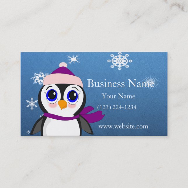 Adorable Cartoon Penguin with Scarf and Hat Business Card (Front)