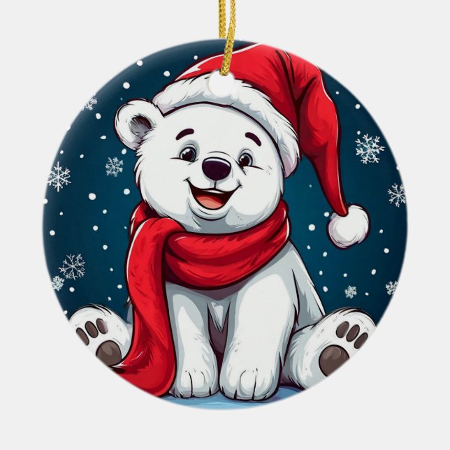 Adorable Cartoon Polar Bear in Santa Hat Ceramic Ornament (Front)