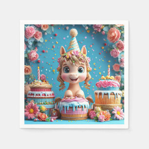Adorable Cartoon Pony Celebrating Birthday Napkin