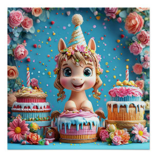 Adorable Cartoon Pony Celebrating Birthday Poster